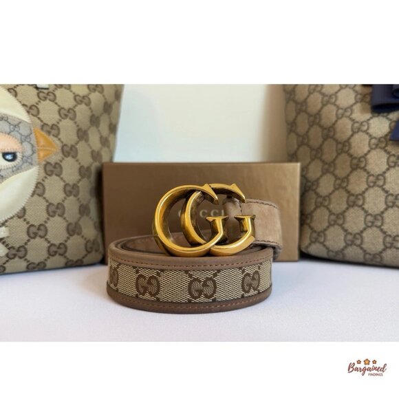 Authentic GUCCI Brown Monogram Canvas Gold double G Buckle Belt 85/34 - Picture 12 of 13